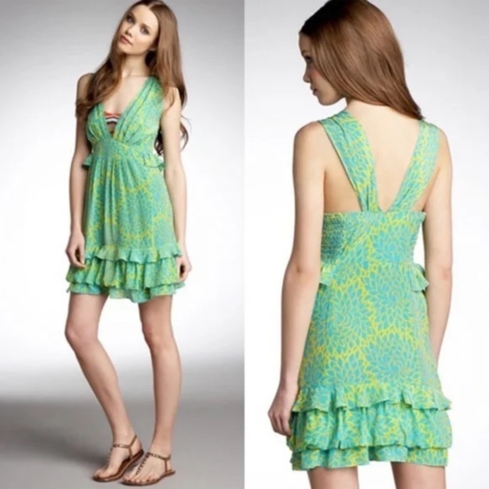 Nanette Lepore Santa Fe Oasis Silk Ruffle Tiered Mini Dress Green Sz 10